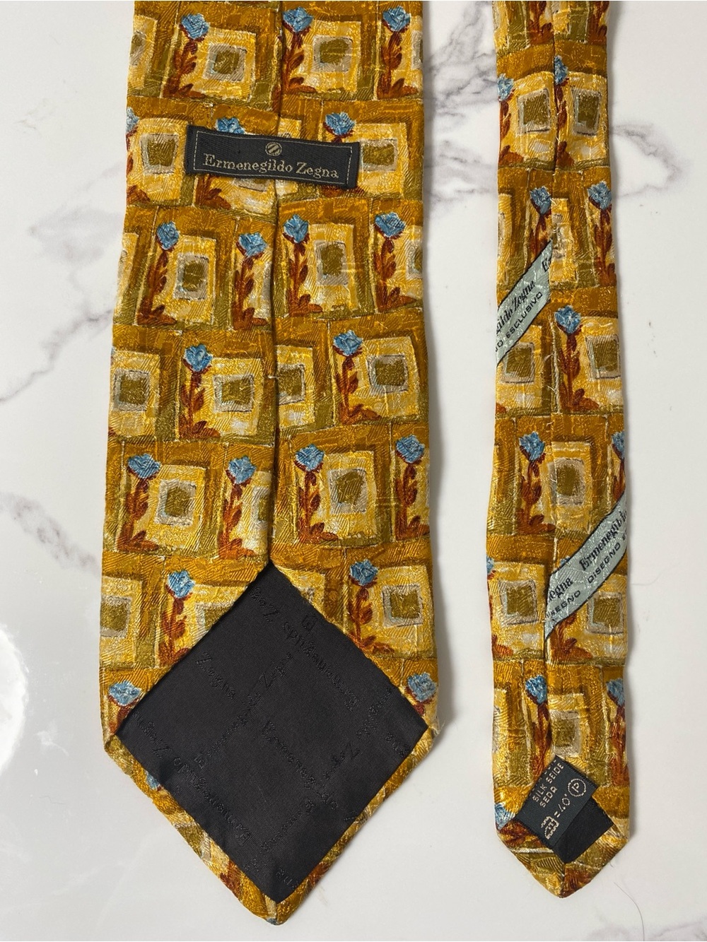 Ermenegildo Zegna Silk Tie Gold Geometric Floral Made in Italy Designer
